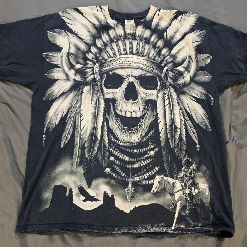 Native American Indian Spirit Skull Headdress Graphic T-Shirt Black White 2XL